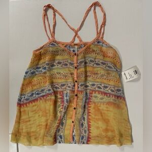 Free People Boho Button Sheer Tank Top Flowy Cross Back Camisole Shirt Women M